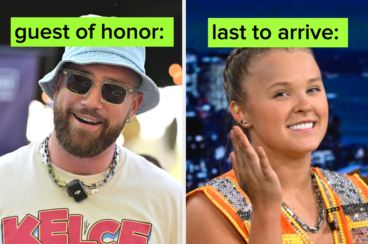 Travis Kelce wearing a bucket hat and sunglasses, and JoJo Siwa in a sequined outfit with braided hair next to text reading "guest of honor" and "last to arrive."