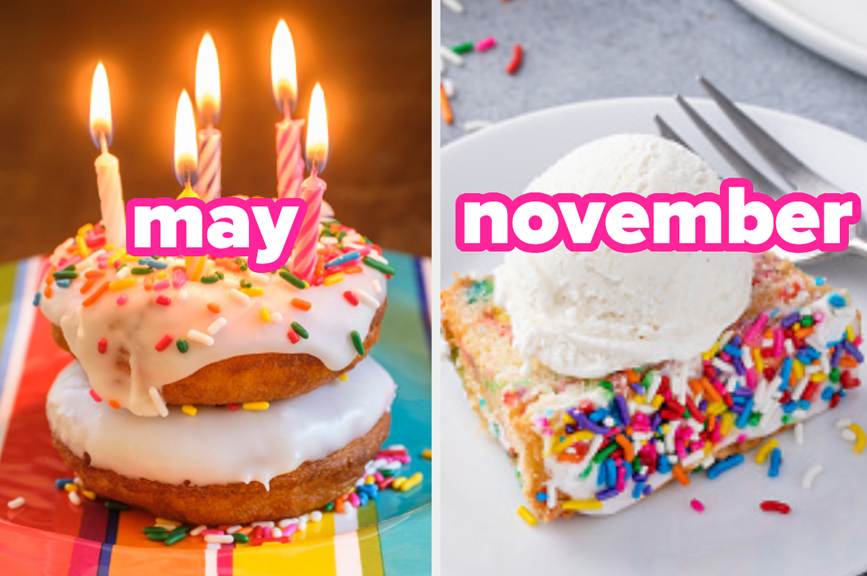 Three doughnuts stacked with candles and sprinkles represent May, and a slice of cake with ice cream and sprinkles represents November