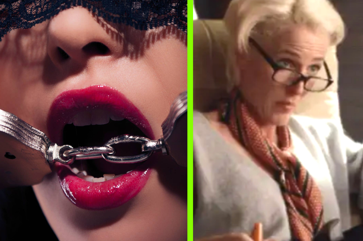 Woman with lipstick and handcuffs in her mouth; Gillian Anderson in "Sex Education"
