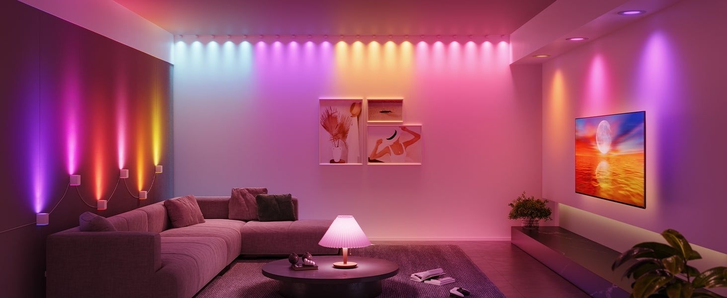 Modern surviving  country   with astute  LED lights creating ambient multi-colored lighting connected  walls; a flat-screen TV displays an water  sunset