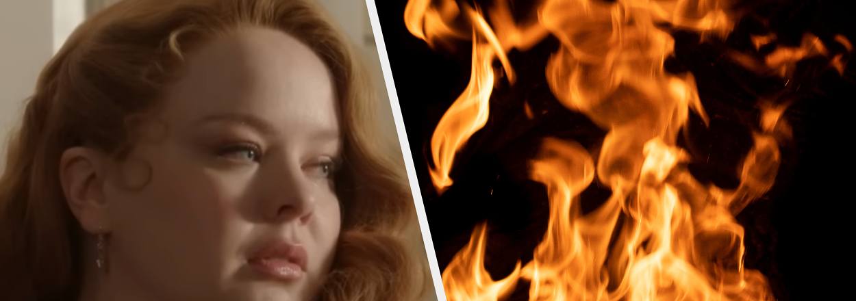 Nicola Coughlan gazes pensively to the left in the left half of the image. Right half shows flames against a black background