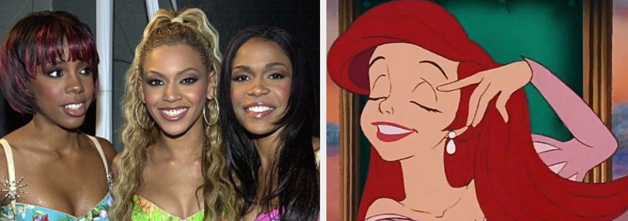 Kelly Rowland, Beyoncé, and Michelle Williams in stylish crop tops next to Ariel from The Little Mermaid smiling with eyes closed