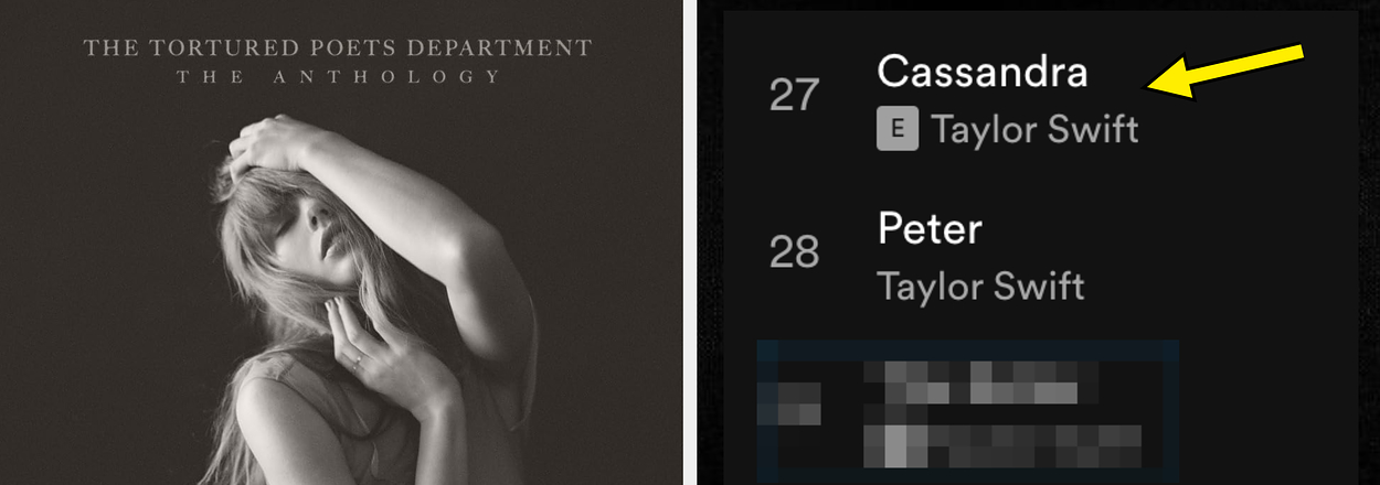 Taylor Swift "The Anthology" cover. A blurred chart at #27 shows Cassandra by Taylor Swift