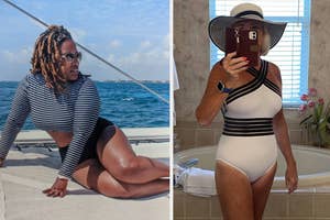 A woman poses on a boat deck in a striped long-sleeve crop top and high-waist bottoms. Another woman in a geometric one-piece swimsuit and sunhat takes a mirror selfie