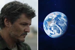 Image split in two: Pedro Pascal looking down on the left, an image of Earth from space on the right
