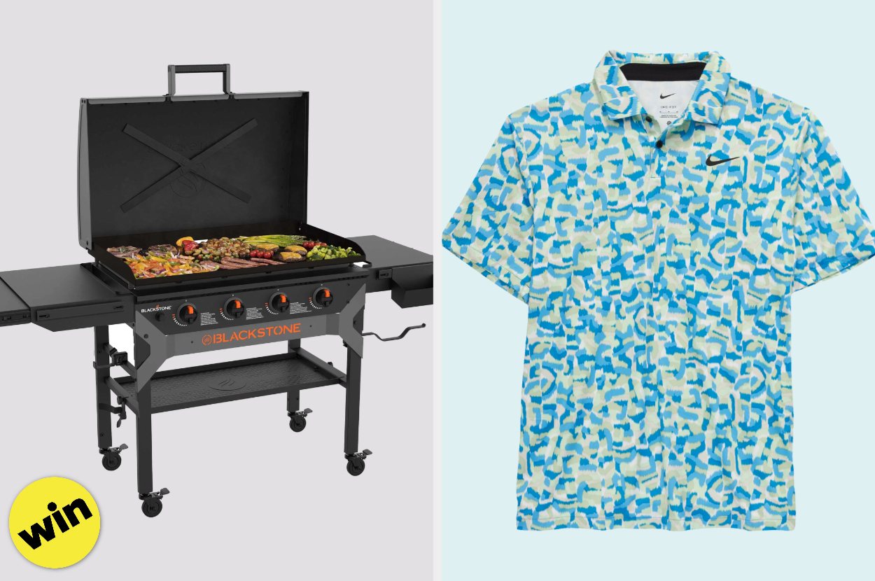 A Blackstone grill loaded with food is shown next to a patterned blue and white Nike golf shirt. A "win" badge is featured at the bottom left
