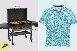 A Blackstone grill loaded with food is shown next to a patterned blue and white Nike golf shirt. A "win" badge is featured at the bottom left