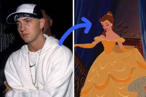 On the left, Eminem in a hoodie and cap. On the right, Belle from Beauty and the Beast in her iconic yellow gown. A blue arrow connects the images
