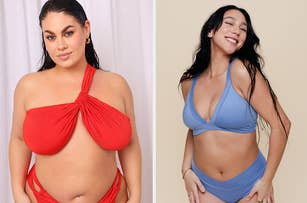 Two models modeling inclusive swimwear; the model on the left wears a red design with an intricate twist, and the model on the right wears a simple, light blue set. Both smile confidently