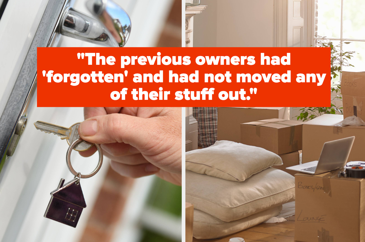 Hand holding keys to new house on left, boxes and packing materials scattered in a room on right, with text: "The previous owners had 'forgotten' and had not moved any of their stuff out."