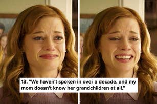 Two images of a woman with red hair looking emotional, accompanied by the quote: "We haven't spoken in over a decade, and my mom doesn't know her grandchildren at all"