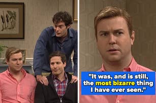 Three men sit on a couch: Taran Killam, Andy Samberg, and Bill Hader. A split-screen shows Killam with a quote about a bizarre experience
