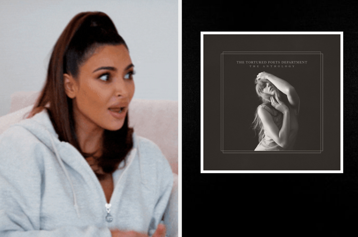 Kim Kardashian wearing a casual zip-up hoodie, talking animatedly. Right side shows cover art for an album titled "The Anthology" by The Tortured Poets Department