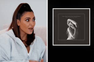 Kim Kardashian wearing a casual zip-up hoodie, talking animatedly. Right side shows cover art for an album titled "The Anthology" by The Tortured Poets Department