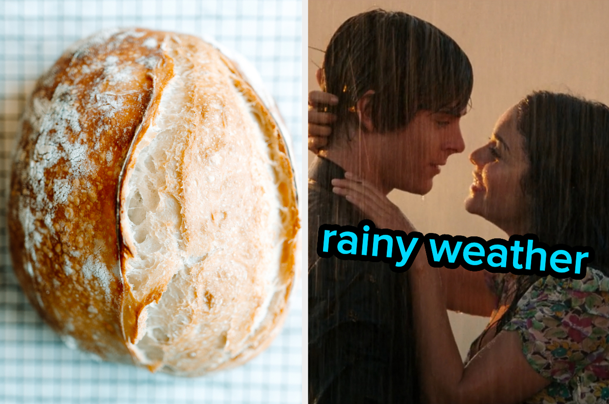 On the left, a loaf of sourdough bread, and on the right, Troy and Gabriella embracing in the rain in High School Musical 3 labeled rainy weather