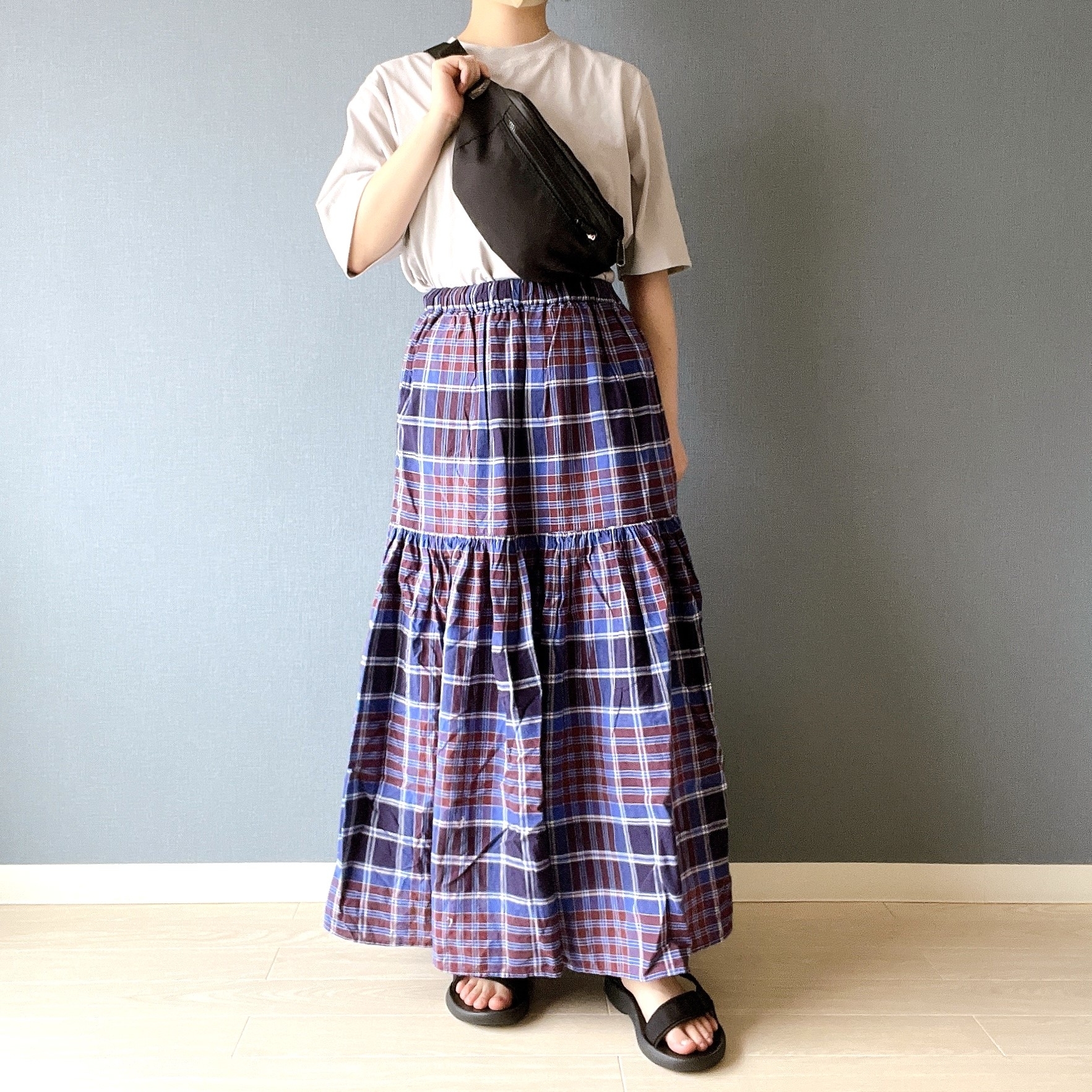 無印良品のオススメのスカート「婦人 マドラスチェックフレアスカート」のコーディネート