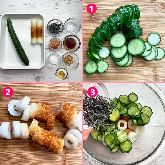 調理手順を示す画像。ステップ1でキュウリをスライスし、ステップ2で竹輪を切り、ステップ3で材料をボウルに入れる。