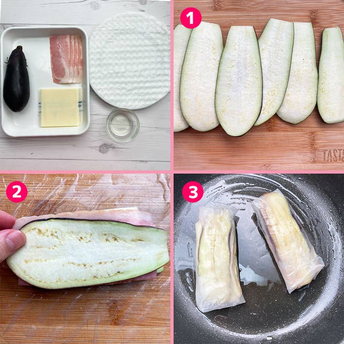 材料と作り方を紹介する料理の写真。工程1: なすの薄切り。工程2: 薄切りなすにベーコンを巻く。工程3: フライパンで巻いたなすを加熱。