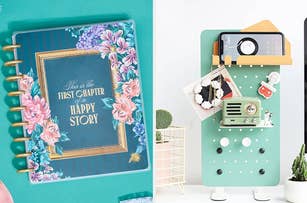 Floral planner with "This is the first chapter of a happy story" text beside a modern pegboard organizer holding a phone, a camera, and various decor items
