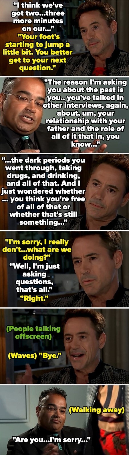 A movie scene featuring Robert Downey Jr. and an interviewer. Robert answers questions, appears uncomfortable, and then leaves. Text in image indicates dialogue exchange