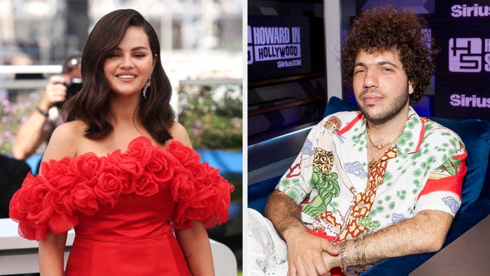 Selena Gomez in an off-shoulder dress with floral details at an event; Benny Blanco in a casual printed shirt during an interview at a radio show