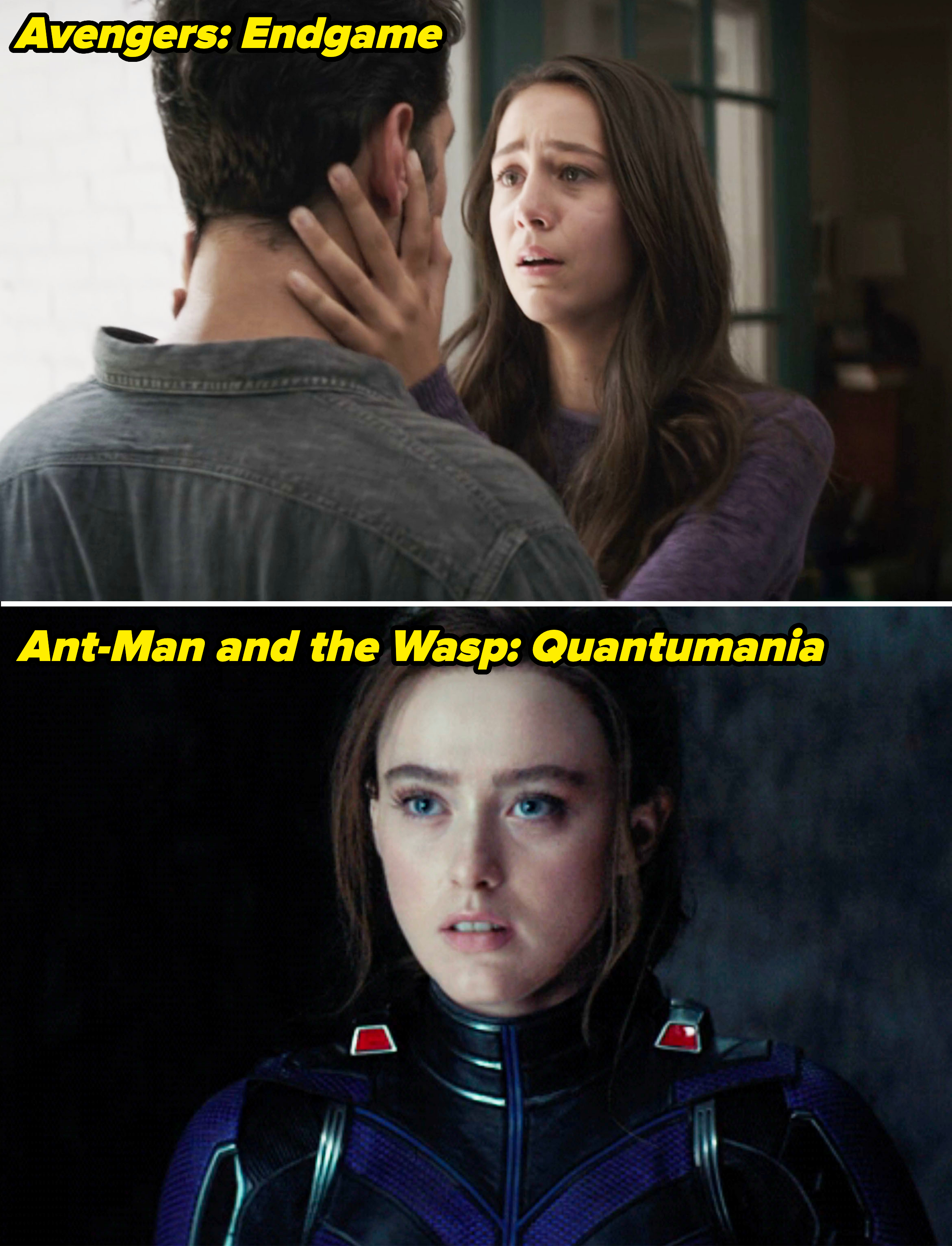 Top image: A woman emotionally holds a man's face. Bottom image: A woman in a futuristic outfit looks serious