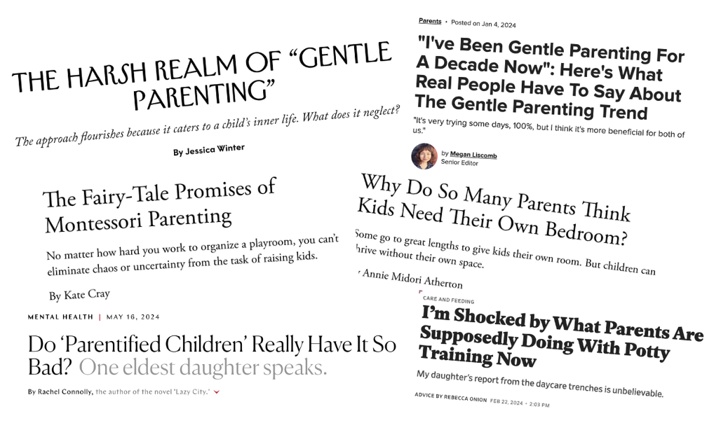 A collage of article headlines discussing various parenting topics, including "gentle parenting," Montessori parenting, and critiques on modern parenting styles
