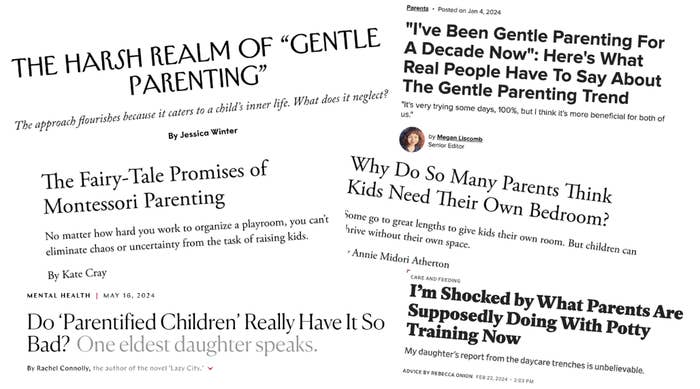 A collage of article headlines discussing various parenting topics, including "gentle parenting," Montessori parenting, and critiques on modern parenting styles