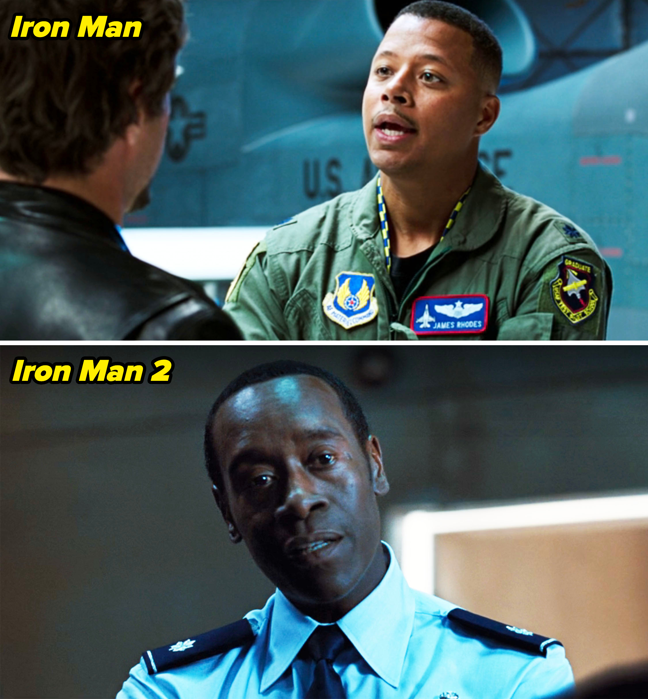 Terrence Howard and Don Cheadle are depicted as the character James "Rhodey" Rhodes in different scenes from the Iron Man movie series