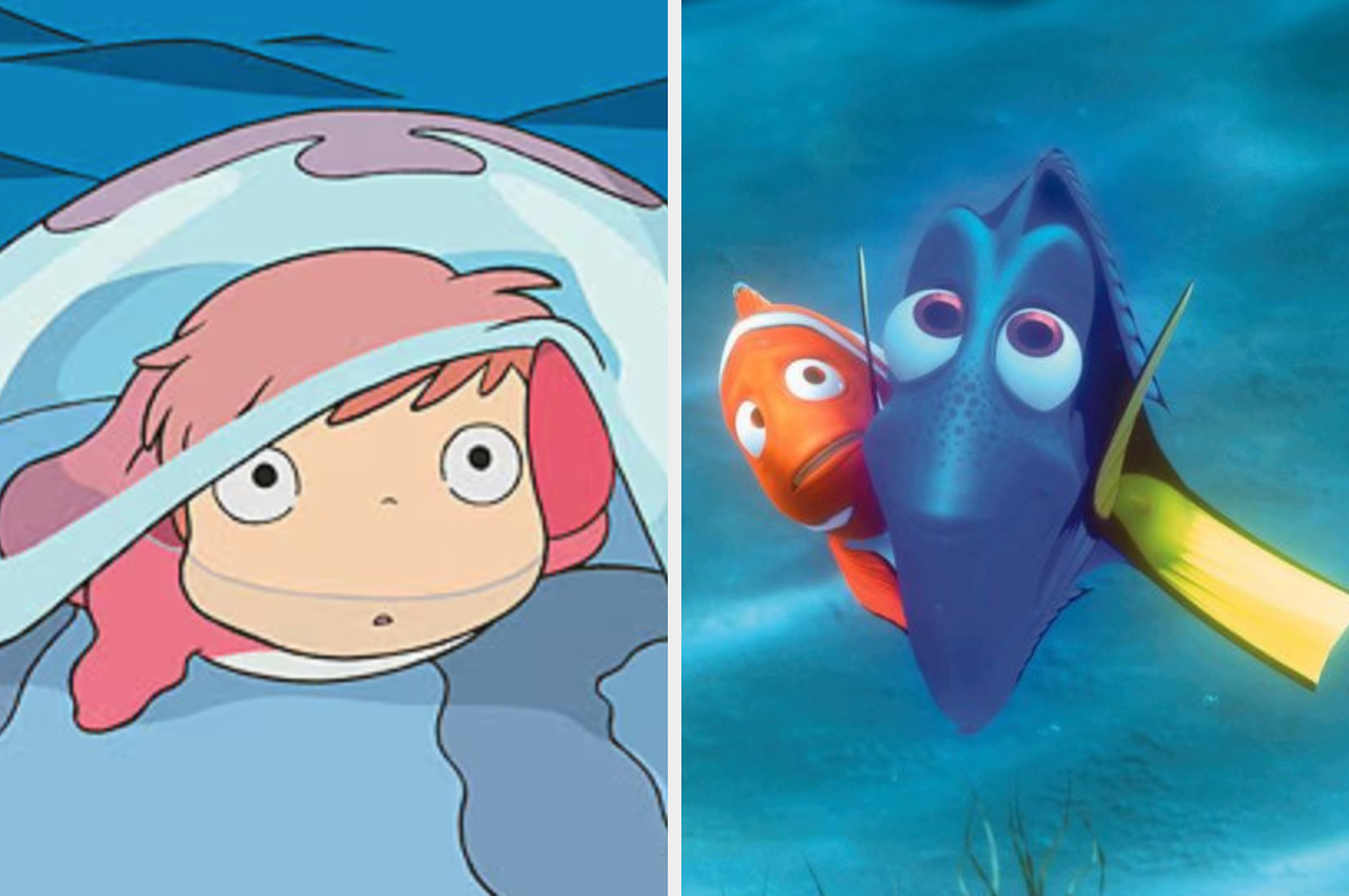Animated characters Ponyo in a bubble under the sea, and Marlin with Dory swimming in the ocean