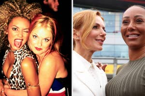 Mel B and Geri Halliwell hugging in a vintage image on the left and posing together in modern attire on the right