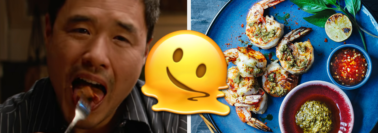 Randall Park eating food with a fork on the left, a plate of grilled shrimp with condiments on the right, and a drooling emoji in between