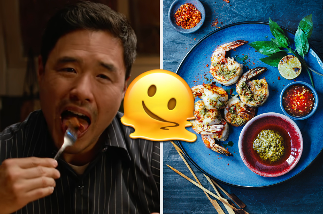 Randall Park eating food with a fork on the left, a plate of grilled shrimp with condiments on the right, and a drooling emoji in between