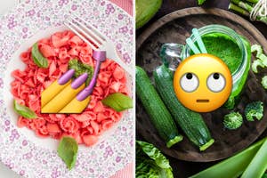 A split image features a plate of pasta with a fork and a nail polish emoji on the left, and zucchinis with a green smoothie on the right, overlaid with an eye-roll emoji