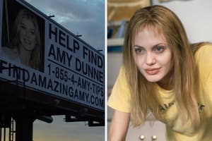 Billboard reads "Help Find Amy Dunne, 1-855-4-AMY-TIPS, FindAmazingAmy.com." Next to it, a woman in a casual yellow T-shirt is leaning forward