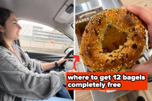 Woman wearing a gray sweater driving a car on the left, hand holding an everything bagel with text overlay "where to get 12 bagels completely free" on the right