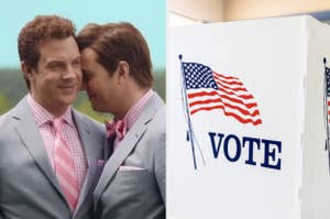 Jason Sudeikis and Jason Bateman in suits with pink ties share a moment; right side shows a voting booth with U.S. flag and the word "VOTE" on it