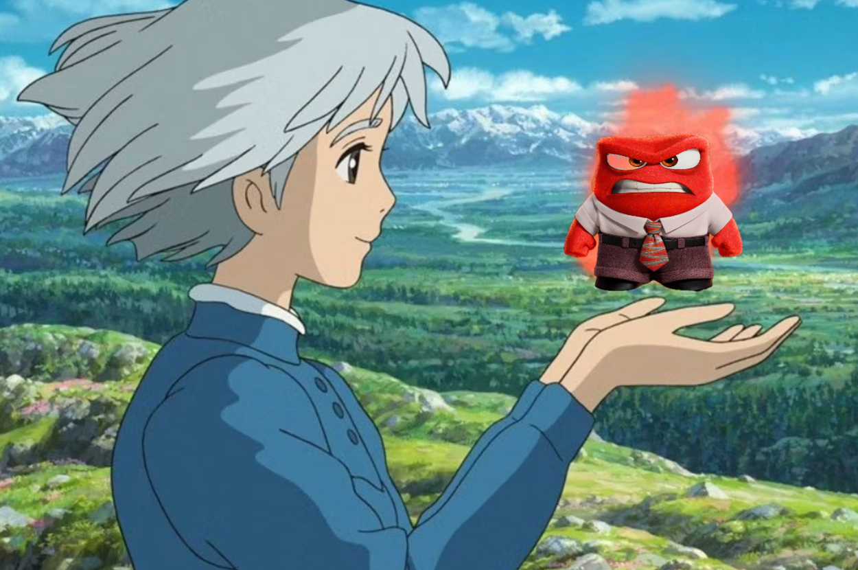 Sophie from Howl's Moving Castle holds Anger from Inside Out in her hand against a mountainous landscape backdrop