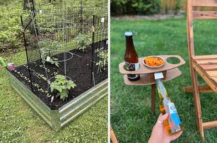 Raised garden bed with metal supports on left; on right, hand holding a wooden drink holder carrying two bottles and a bowl of snacks on a grass lawn next to a chair