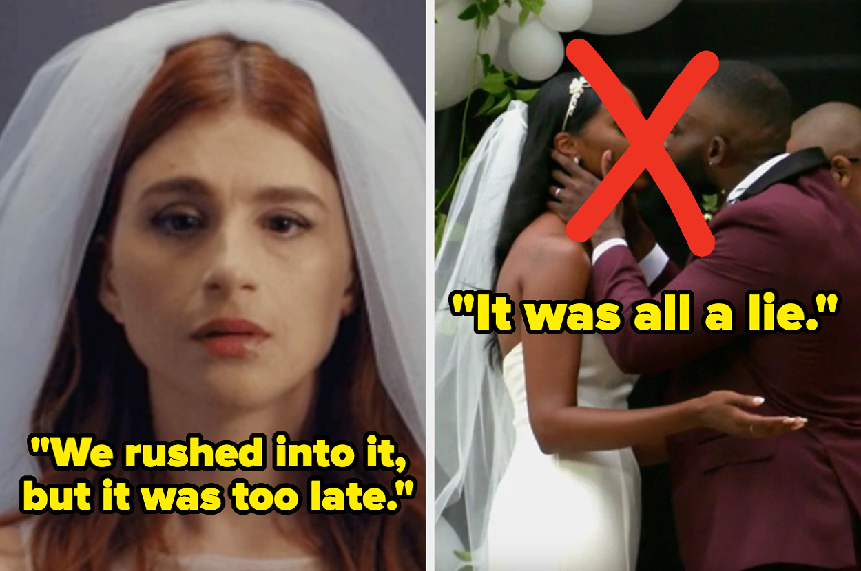 Two images: Left shows a bride with text, "We rushed into it, but it was too late;" right shows a groom kissing a bride's forehead with an "X" over them and text, "It was all a lie"