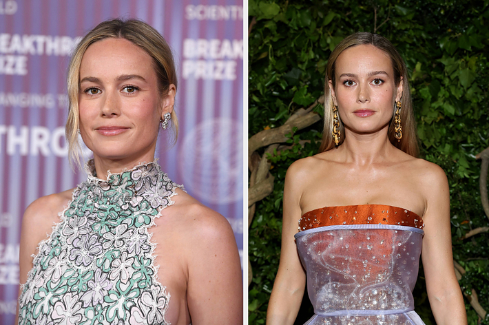 Brie Larson at a celebrity event wearing two different dresses: one floral high-neck and one strapless with a sheer overlay