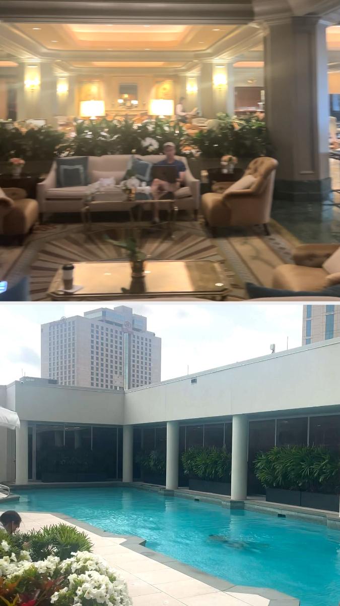 A luxurious hotel lobby with elegant seating, lavish decor, and a man sitting on a couch. Below, an outdoor pool area with lounge chairs and city buildings in the background