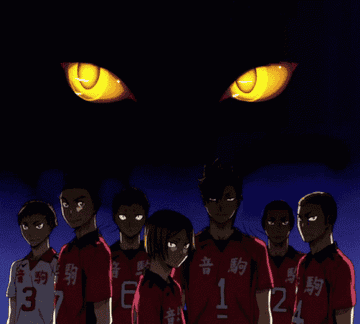 Equipo de voleibol de Nekoma, incluyendo a Kenma, Kuroo y otros miembros, bajo una sombra con ojos brillantes del anime Haikyuu!!