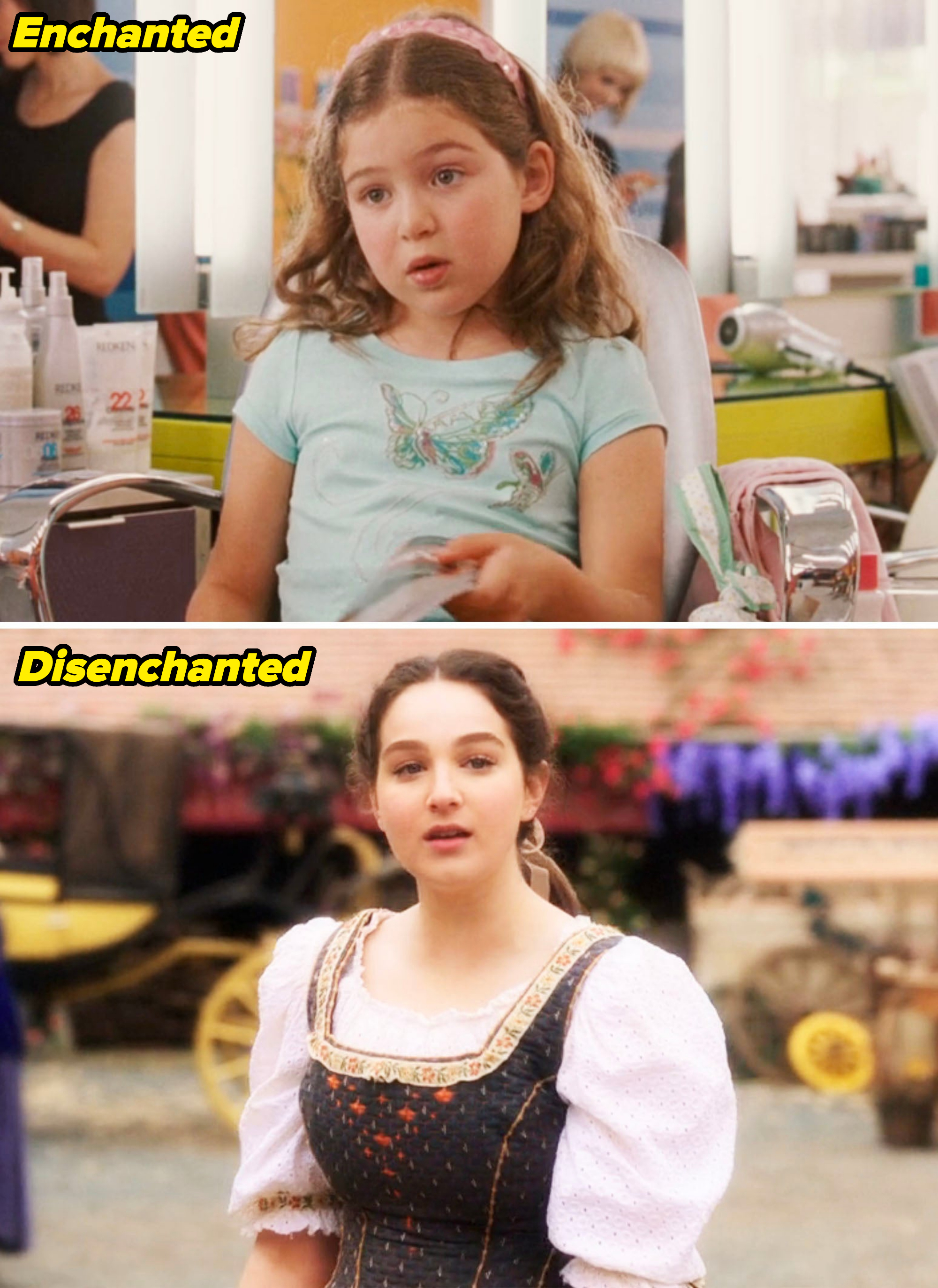 Young girl in a salon with a butterfly shirt; woman in a period costume with a white blouse and dark bodice, outdoors