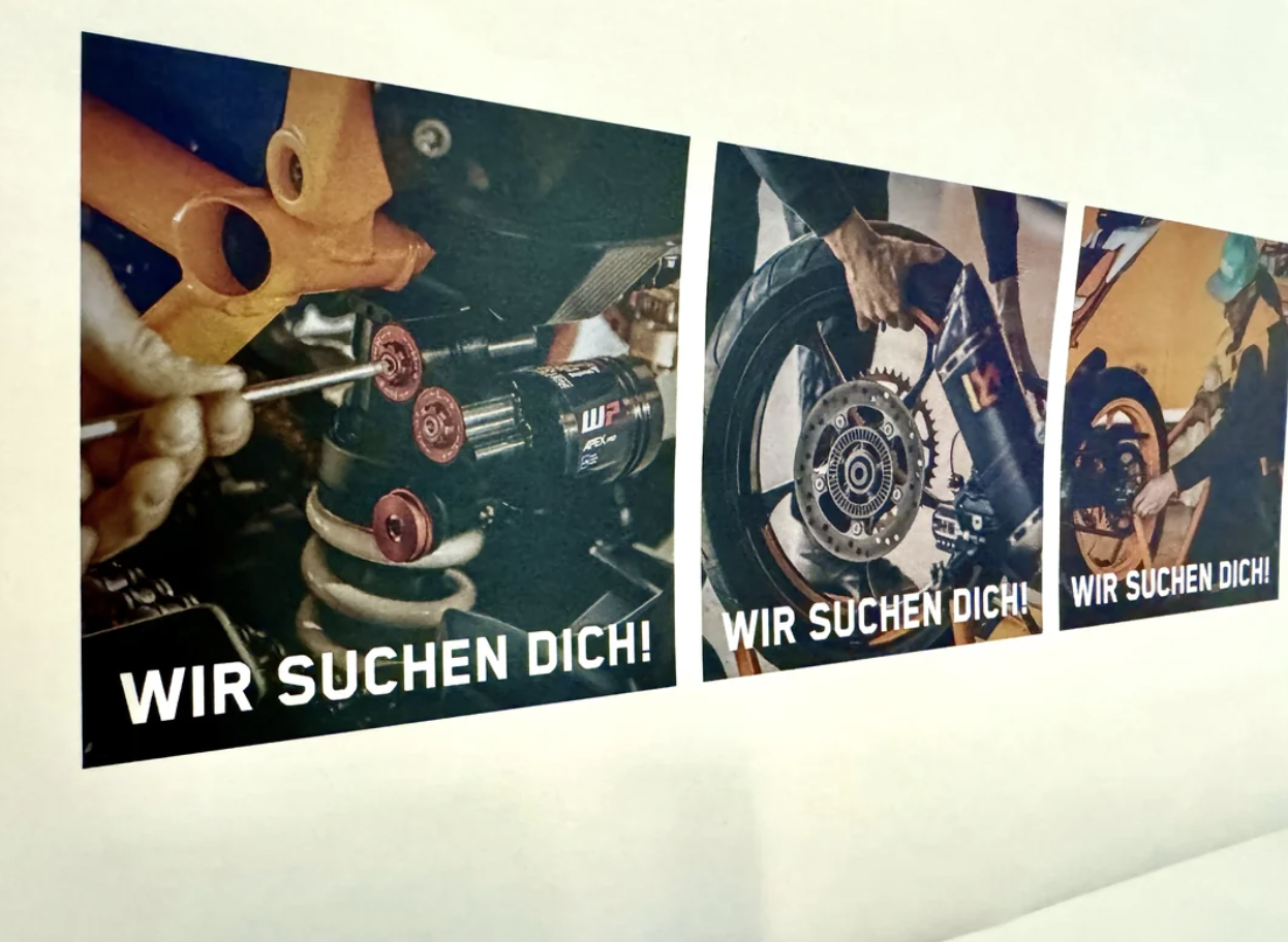 Three images show motorcycle mechanics at work with the text "Wir suchen dich!" which translates to "We are looking for you!" in German