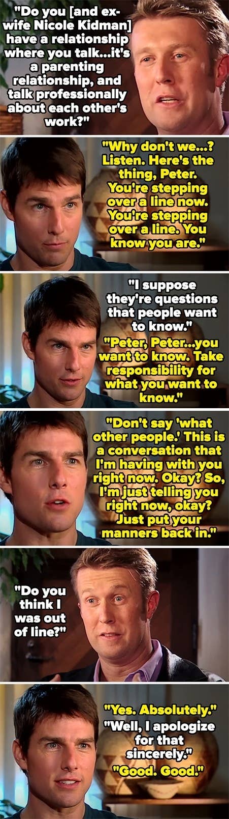 Tom Cruise and Patrick Warburton engaged in a conversation about work and relationships. Highlighted dialogue emphasizes handling recurring questions