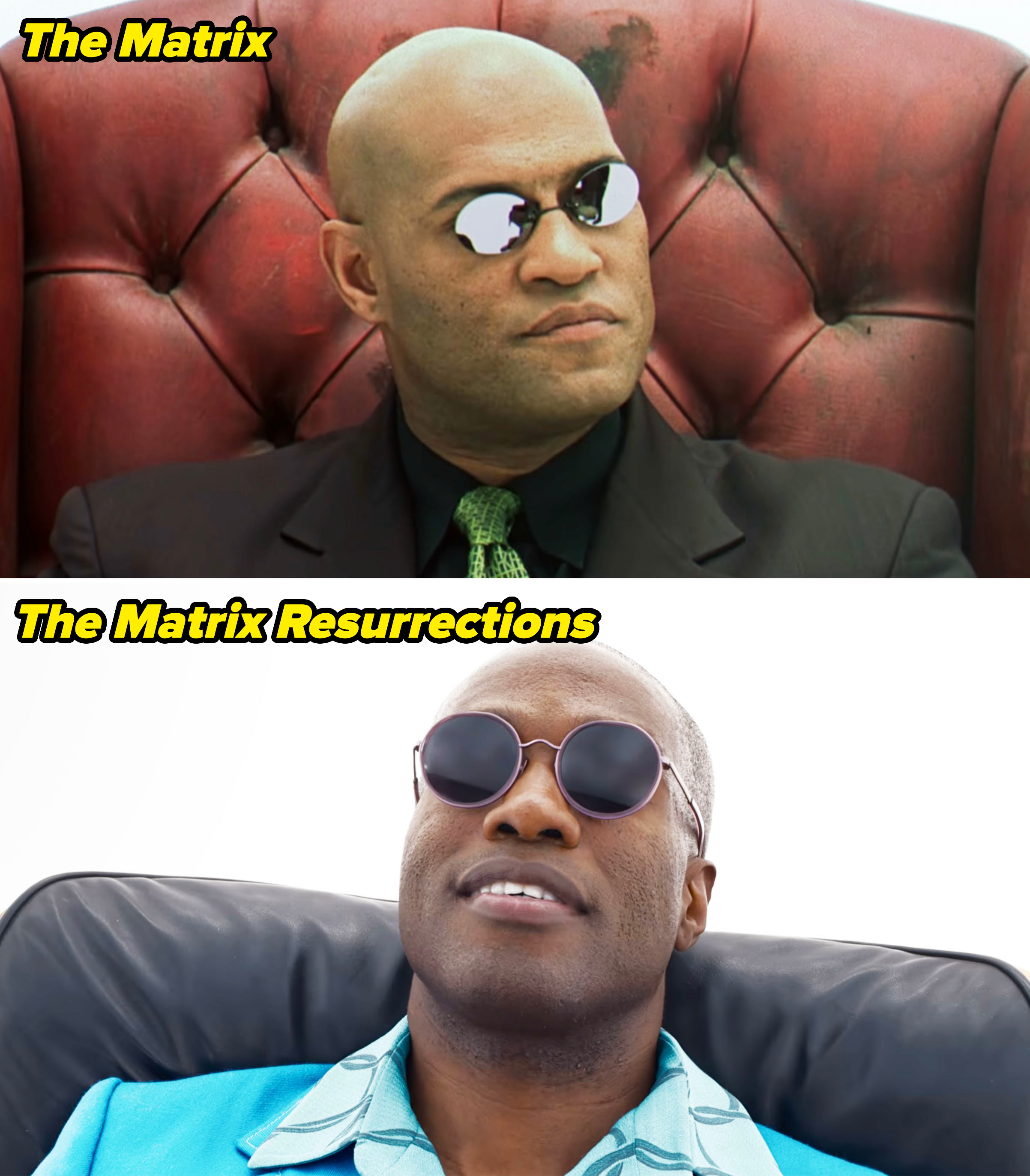 Laurence Fishburne as Morpheus in "The Matrix" in a black suit and green tie (top) and Yahya Abdul-Mateen II as Morpheus in "The Matrix Resurrections" in a blue suit (bottom)