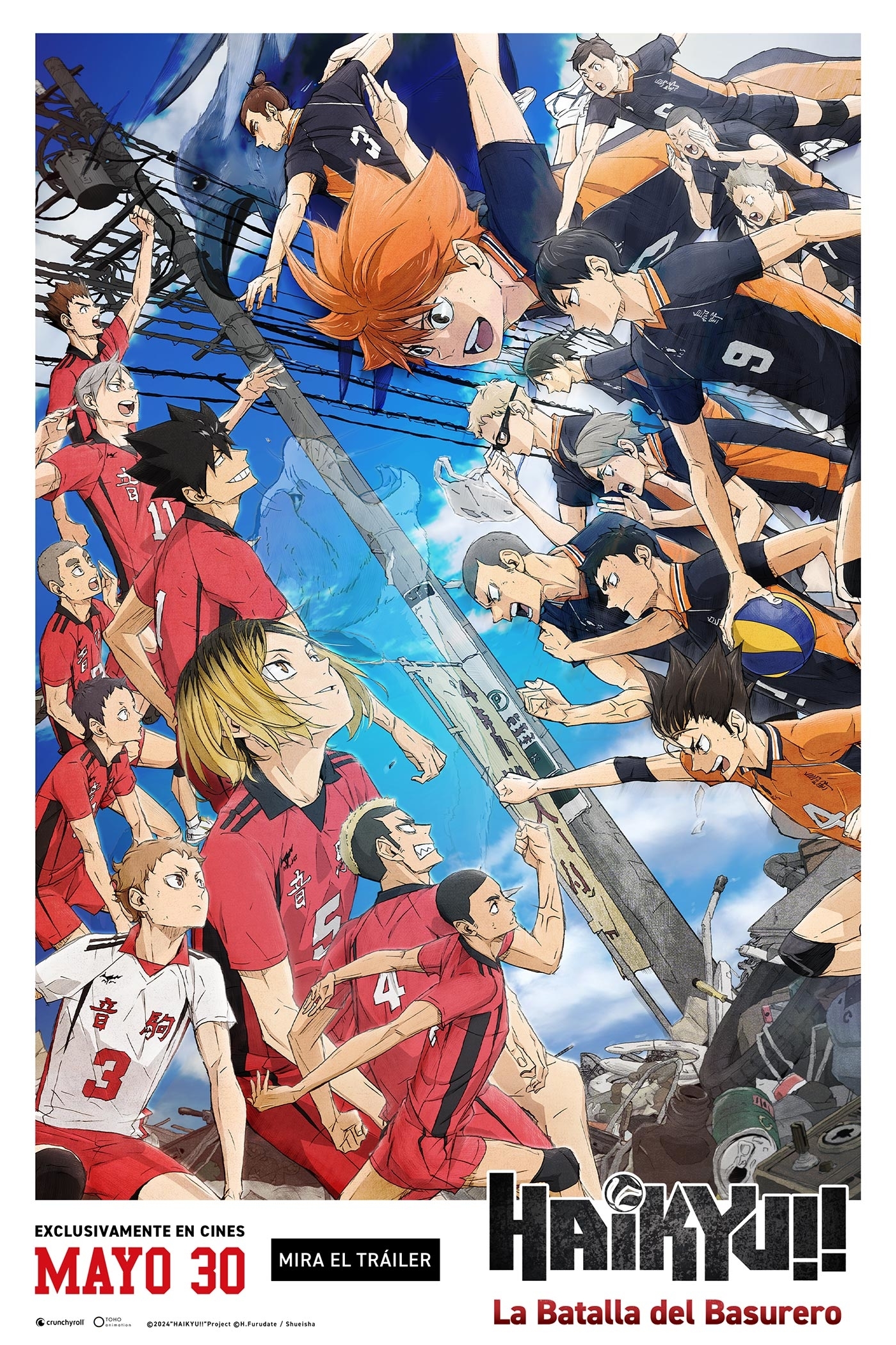 Póster de "Haikyuu!! La Batalla del Basurero". Equipos de voleibol Karasuno y Nekoma enfrentándose. Estreno: 30 de mayo