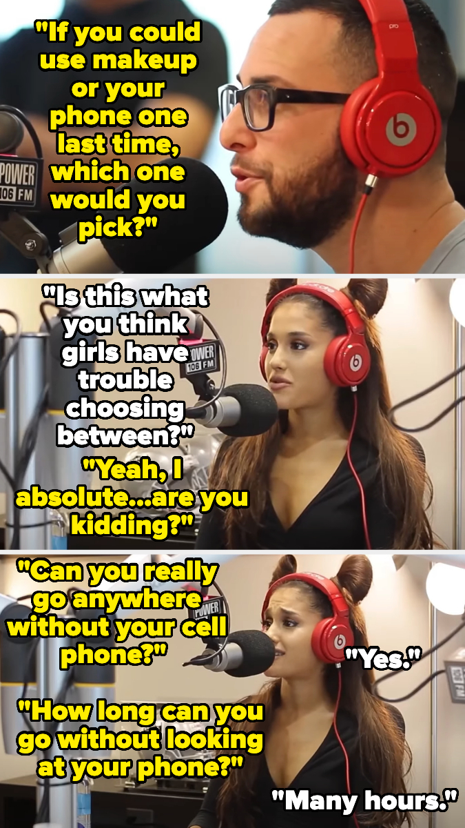 A man and Ariana Grande being interviewed. Text questions Ariana about choosing between makeup and phone, coping without them, to which she confidently responds