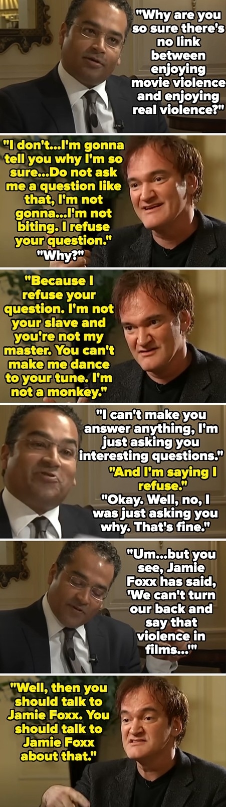 A conversation between Krishnan Guru-Murthy and Quentin Tarantino about violence in movies including a discussion on filmmaker responsibility and audience choices